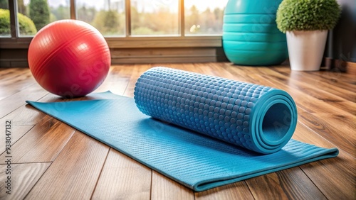 A foam roller and exercise ball sit on a wooden floor next to a physical therapy mat, ready for a foot rehabilitation session. photo