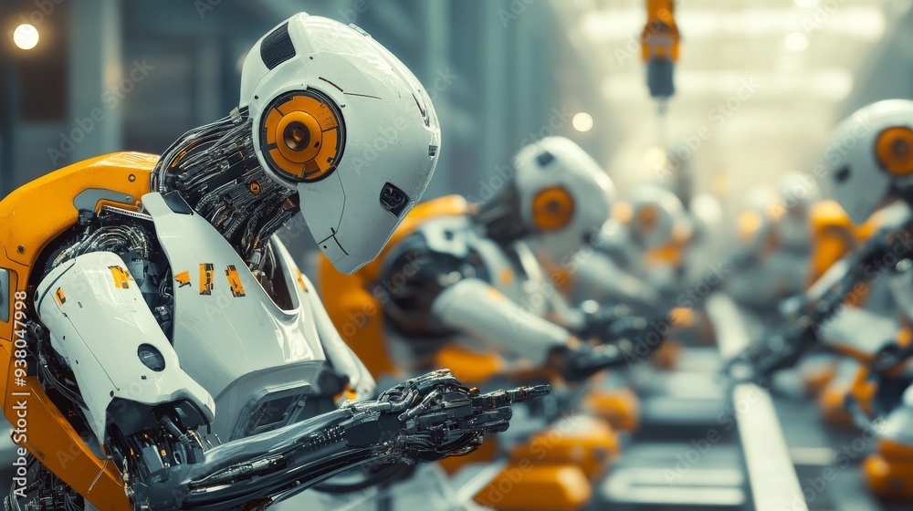 Robots working on a conveyor at a factory Robots working on a conveyor at a factory