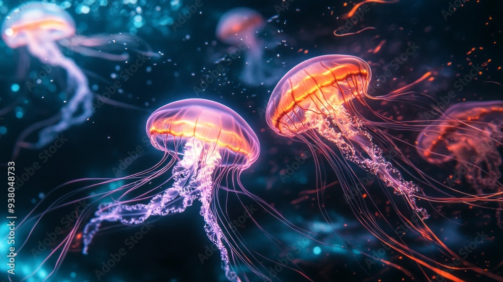 A striking image of glowing jellyfish swimming gracefully in a vibrant underwater scene. The colors are mesmerizing and the composition showcases their natural beauty. A striking image of glowing jellyfish swimming gracefully in a vibrant underwater scene. The colors are mesmerizing and the composition showcases their natural beauty.
