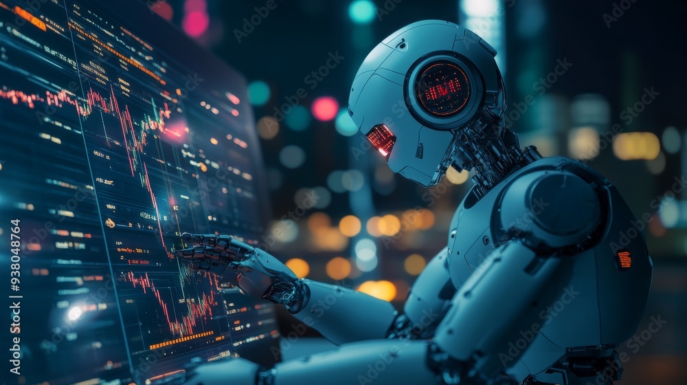 A trading robot conducts analytics on the stock exchange using a computer A trading robot conducts analytics on the stock exchange using a computer