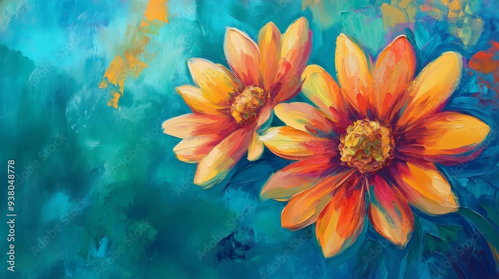 Obraz premium Vibrant Orange Flowers Against Turquoise Background - Two bright orange flowers with yellow centers, painted with a bold brushstroke, stand out against a vibrant turquoise background, symbolizing natu