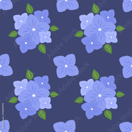 blue, purple flower  seamless pattern with green leaf on dark blue background
