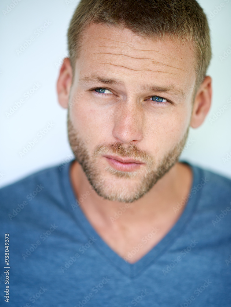 Ideas, thinking and face of man in studio with casual fashion, confidence and creative inspiration. Planning, insight and young professional with pride, cool style and decision on white background Ideas, thinking and face of man in studio with casual fashion, confidence and creative inspiration. Planning, insight and young professional with pride, cool style and decision on white background