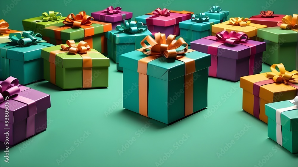 gift boxes in a variety of colors with a shadow on green in a seamless design.