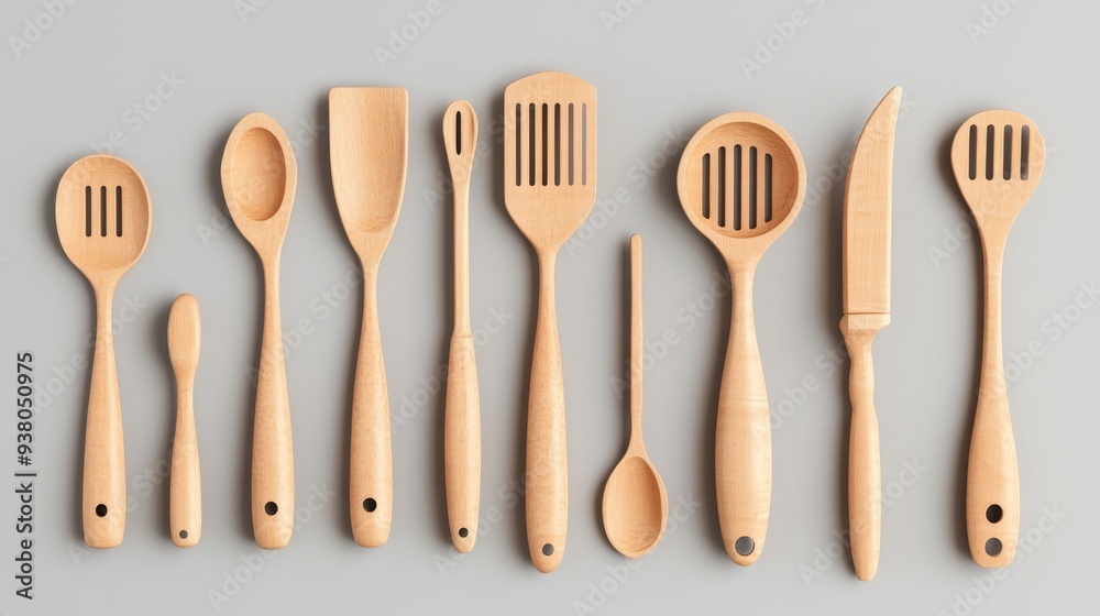 Wooden Kitchen Utensils Set for Cooking and Baking - A collection of wooden kitchen utensils, including spoons, spatulas, a knife, and a slotted spoon, perfect for cooking and baking. Wooden Kitchen Utensils Set for Cooking and Baking - A collection of wooden kitchen utensils, including spoons, spatulas, a knife, and a slotted spoon, perfect for cooking and baking.