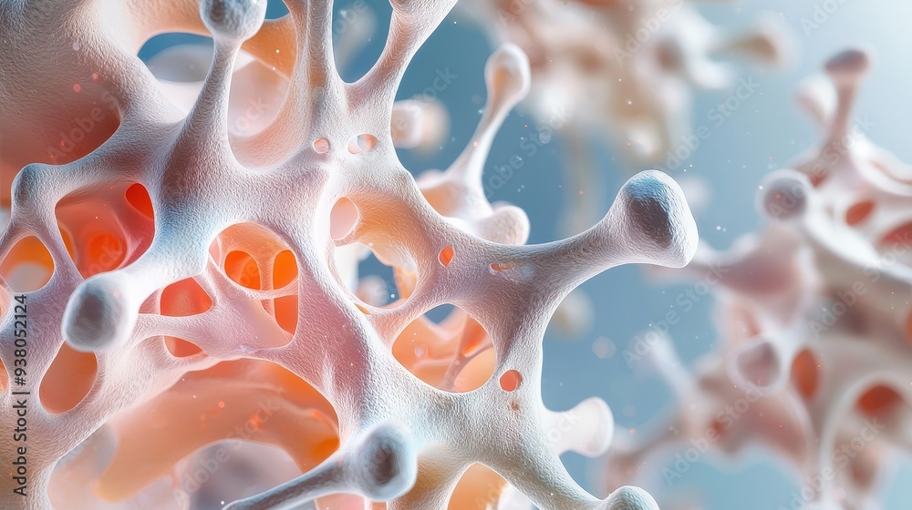 Close-up of bone tissue under a microscope showing the detailed cellular structure and osteocytes Close-up of bone tissue under a microscope showing the detailed cellular structure and osteocytes