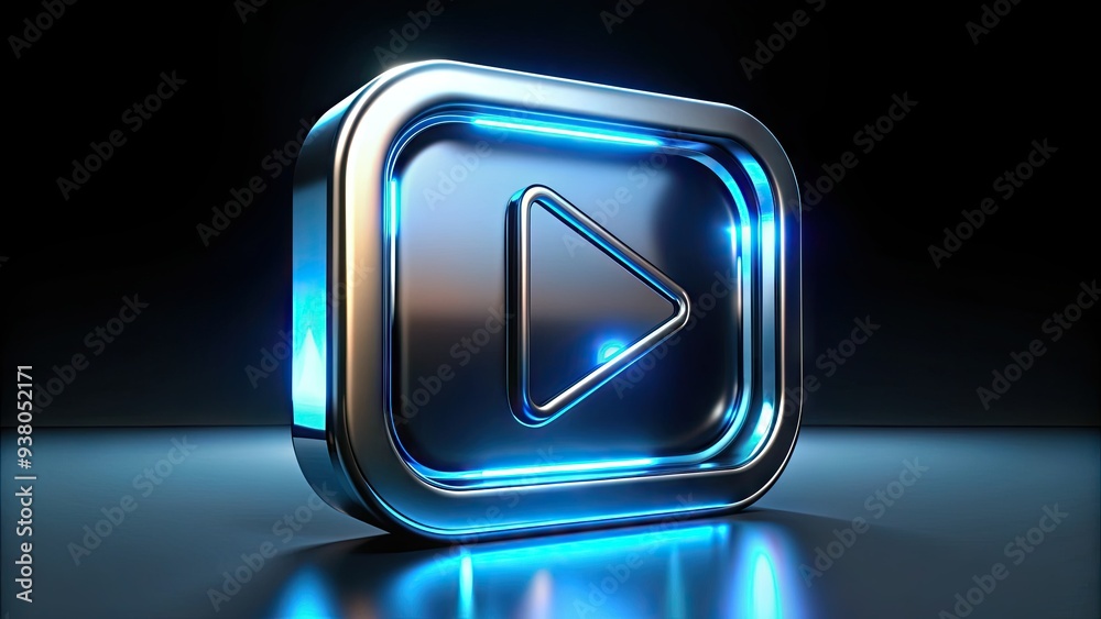 A futuristic 3D icon of a video play button with a sleek, metallic ...