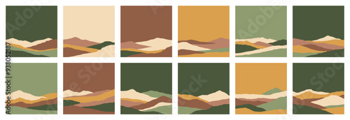 Set of square social media posts with silhouettes of mountain landscapes in flat style. Hiking, travel cards. Design element for poster, card, banner. Contemporary design. Futuristic wall art decor