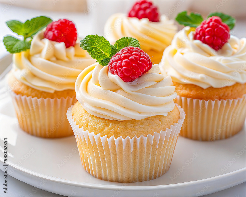 Freshly baked white cupcakes with cream cheese frosting and a berry of raspberry with a leaf of mint on the top, setting on an elegant white platter. Freshly baked white cupcakes with cream cheese frosting and a berry of raspberry with a leaf of mint on the top, setting on an elegant white platter.
