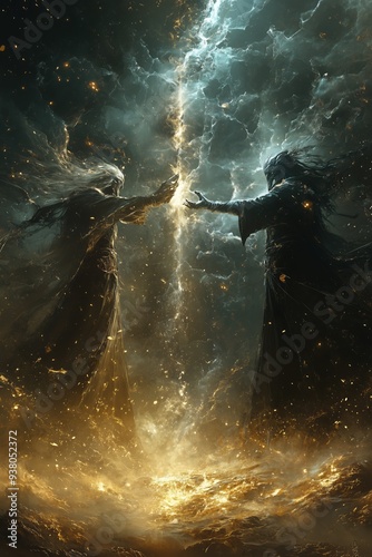 Epic Fantasy Duel Between Two Powerful Sorcerers Amidst a Stormy, Magical Landscape with Lightning and Fiery Sparks