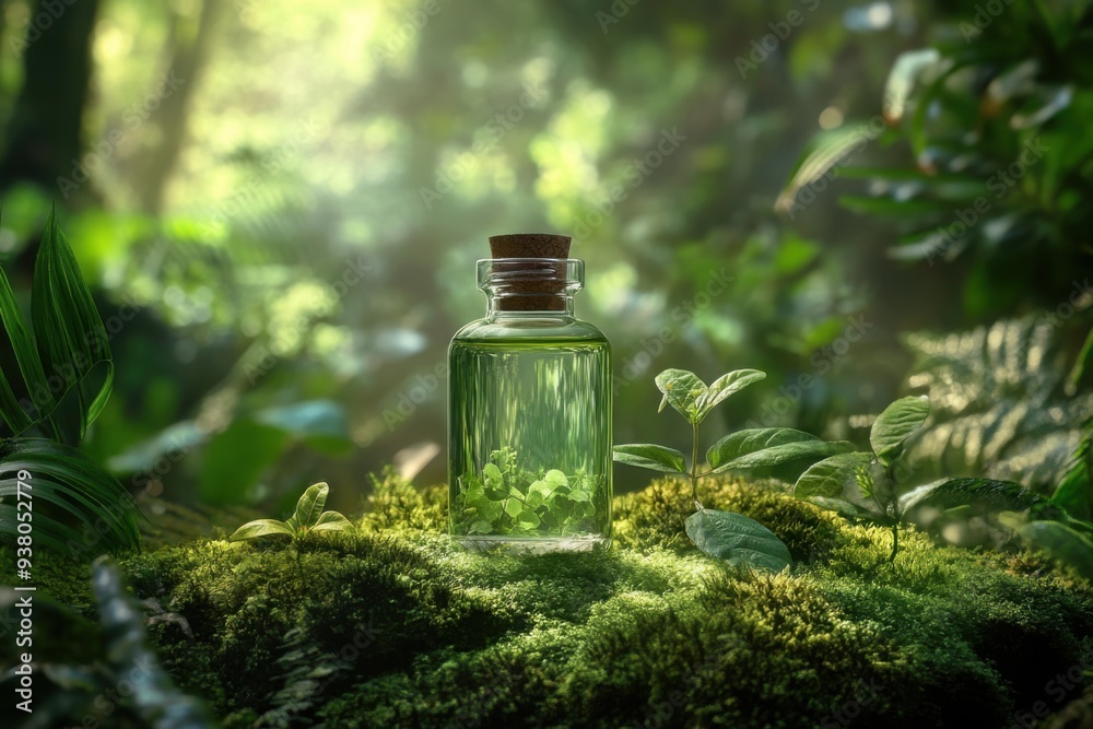Glass bottle with plants in lush forest setting