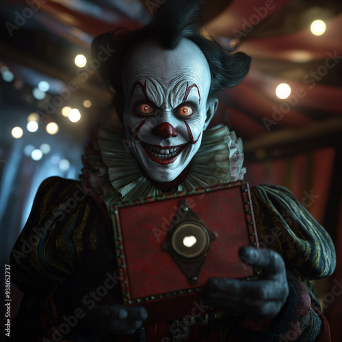 Creepy Halloween clown with sinister smile holding vintage jack-in-the-box in circus tent