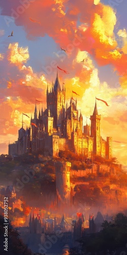 Majestic Fantasy Castle at Sunset with Dramatic Sky and Vibrant Colors, Surrounded by Lush Landscape and Silhouetted Birds in Flight, Perfect for Fantasy, Adventure, and Imagination Themes