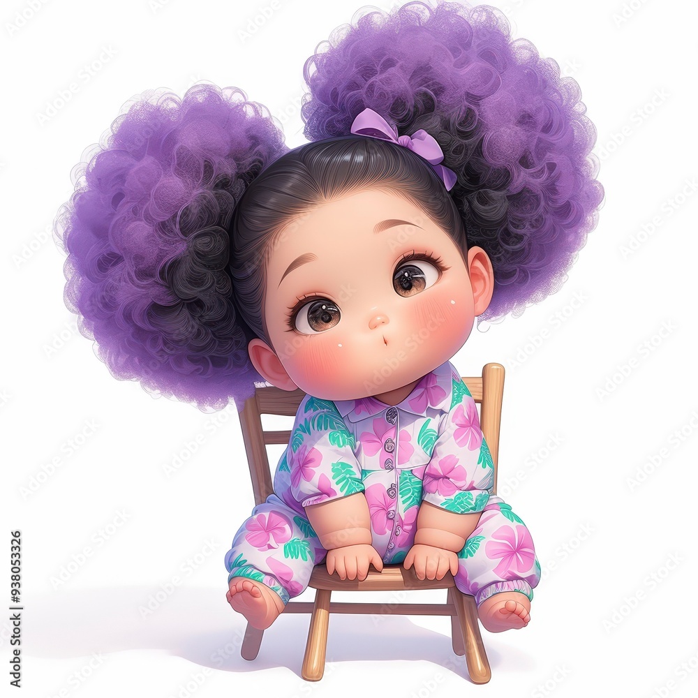 Fototapeta premium Adorable baby girl character with large purple afro puff buns sitting on a small wooden stool, 3D digital illustration.