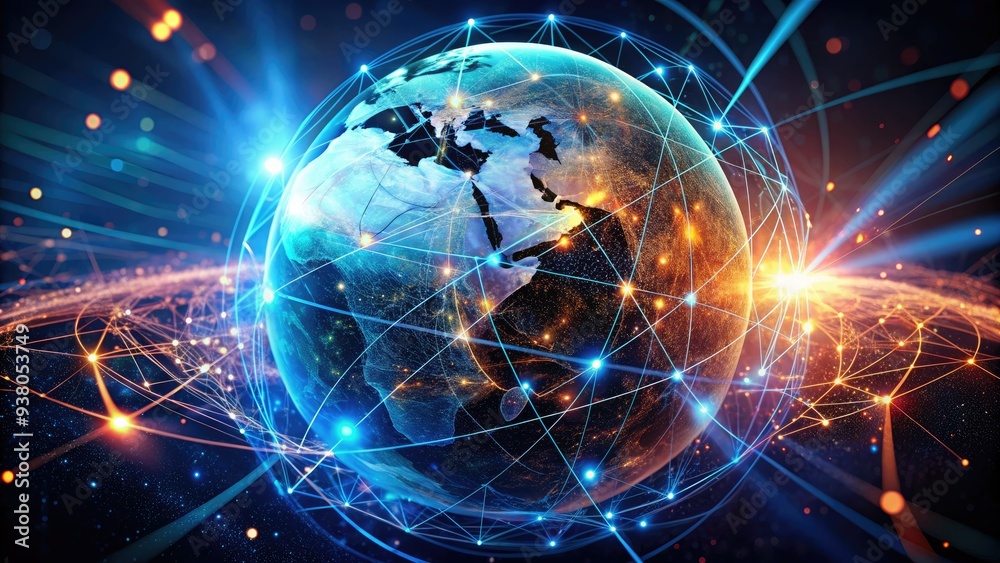 A futuristic globe surrounded by swirling lines and glowing nodes, representing the interconnectedness of global networks and information in a vibrant, high-tech illustration. A futuristic globe surrounded by swirling lines and glowing nodes, representing the interconnectedness of global networks and information in a vibrant, high-tech illustration.