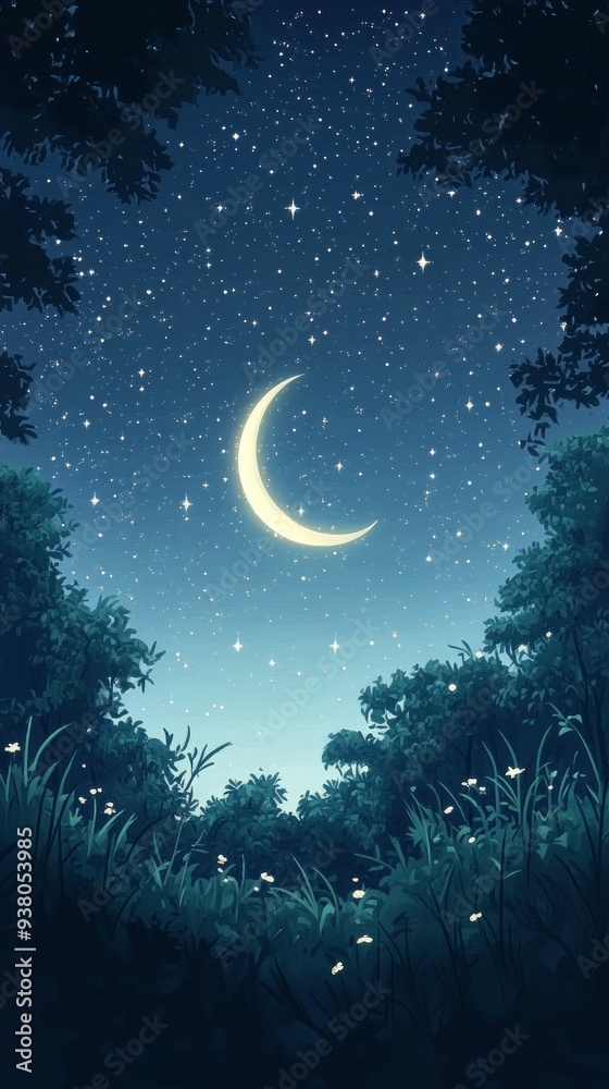 Naklejka premium Crescent Moon Starry Night Islam Religion Spiritual Symbol