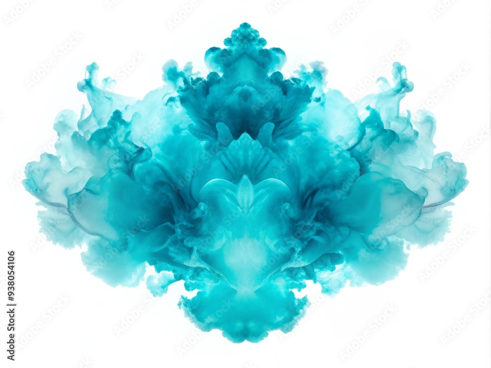 Naklejka premium Vibrant light blue ink blot, irregularly shaped with subtle texture, isolated on a pristine white background, capturing the beauty of accidental art.