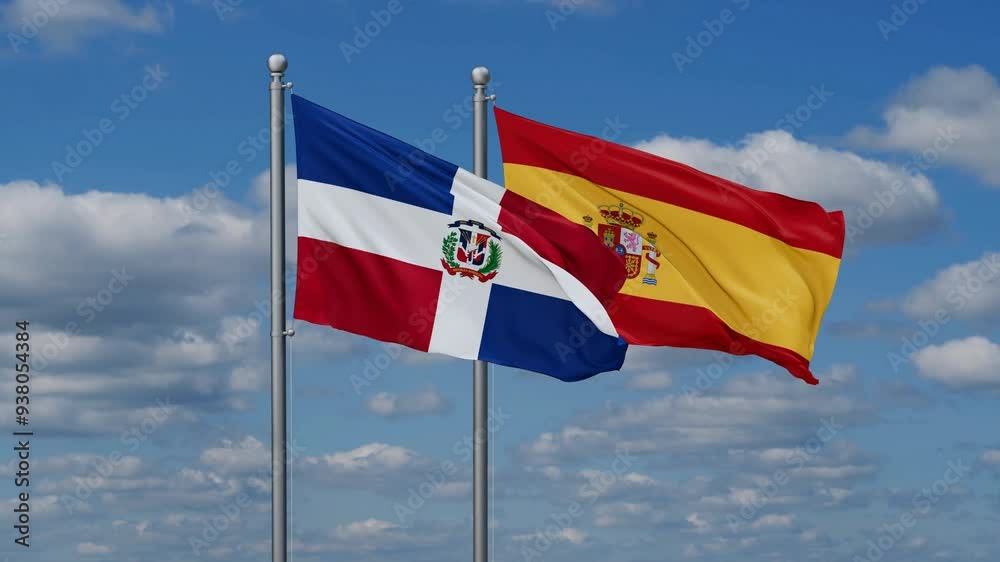 Spain and Dominican flags flying together, video concept of the relationship, two country cooperation concept Spain and Dominican flags flying together, video concept of the relationship, two country cooperation concept