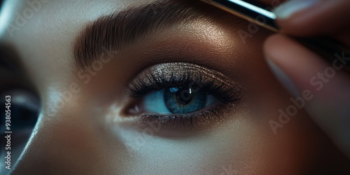 A photorealistic image of a woman applying a delicate eye shadow, her eyes shimmering with a sense of mystery and allure.