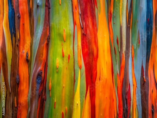 Vibrant, multicolored bark of the Eucalyptus deglupta tree, featuring shades of red, orange, yellow, green, and blue, creating a stunning, natural, abstract background pattern. photo