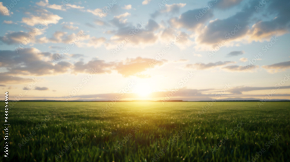 A tranquil scene of a vast open field bathed in the warm glow of sunrise, with soft clouds adorning the sky.