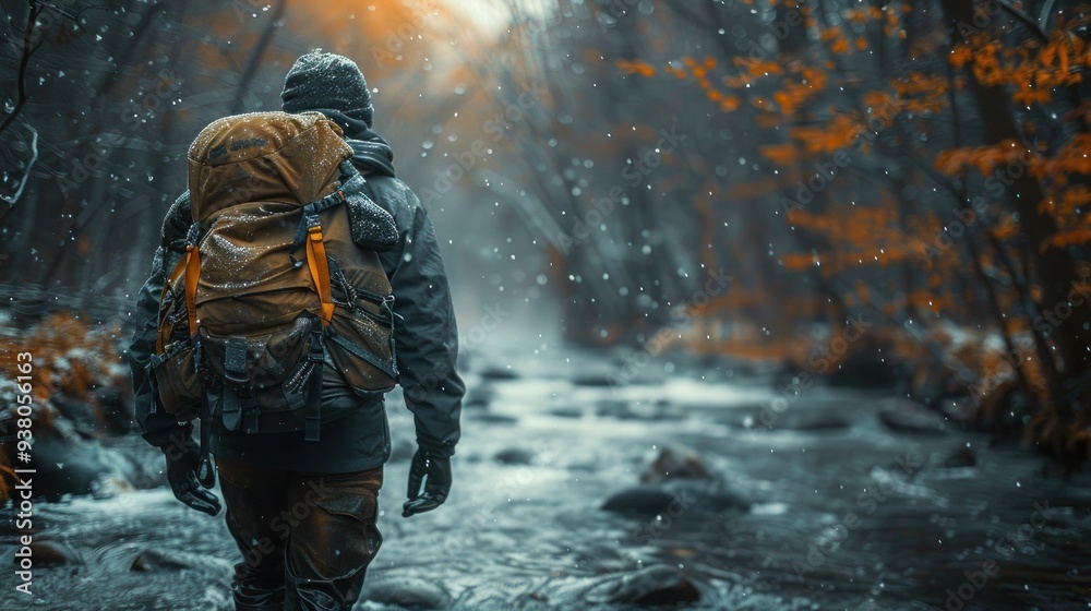 Adventurous Hiker Crossing River to Reach Other Side Adventurous Hiker Crossing River to Reach Other Side
