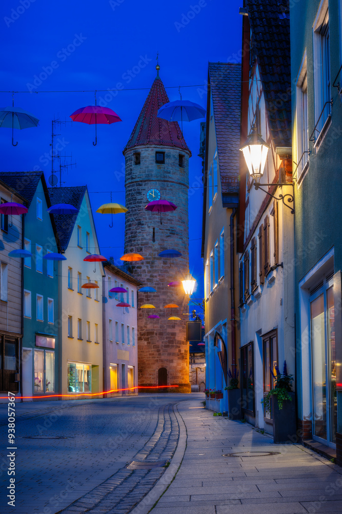 Historic tower in the city of Gunzenhausen at night