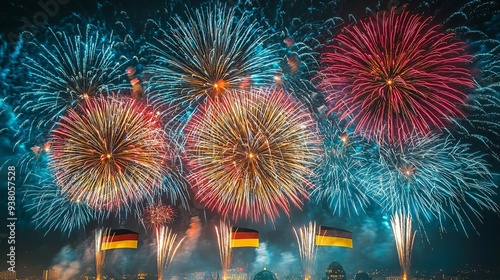 German Unity Day Celebration Anniversary Fireworks in the colors of the German flag