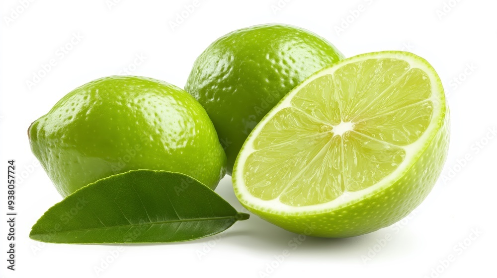 Two whole limes and one lime cut in half with a green leaf on a white background. Two whole limes and one lime cut in half with a green leaf on a white background.