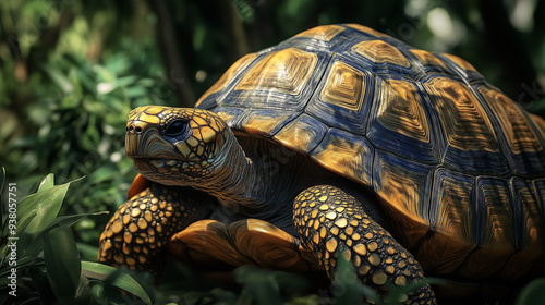 Egzotyczny żółw z bogato zdobioną skorupą, uchwycone w bujnym, zielonym otoczeniu, prezentujące jego skomplikowane wzory w naturalnym środowisku.