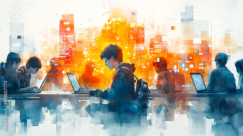 Digital Learning Revolution: Students Engaging in Online Education through Technology - Watercolor Painting Illustration