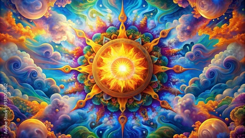 Vibrant psychedelic sun radiates kaleidoscope of colors, surrounded by swirling patterns and wispy clouds, evoking a sense of surrealism and mystical wonder. photo