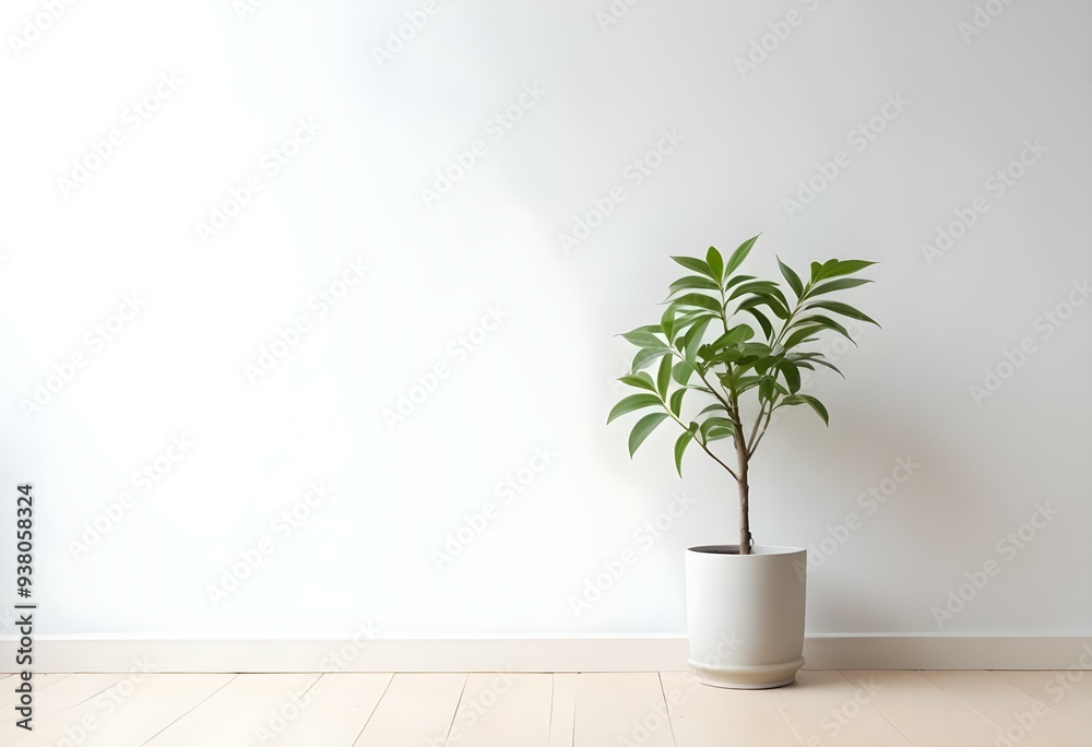 Fototapeta premium A small potted plant with green leaves on a wooden surface against a white wall.