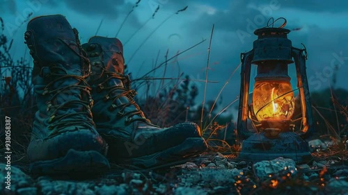 Military Boots with Burning Kerosene Lamp