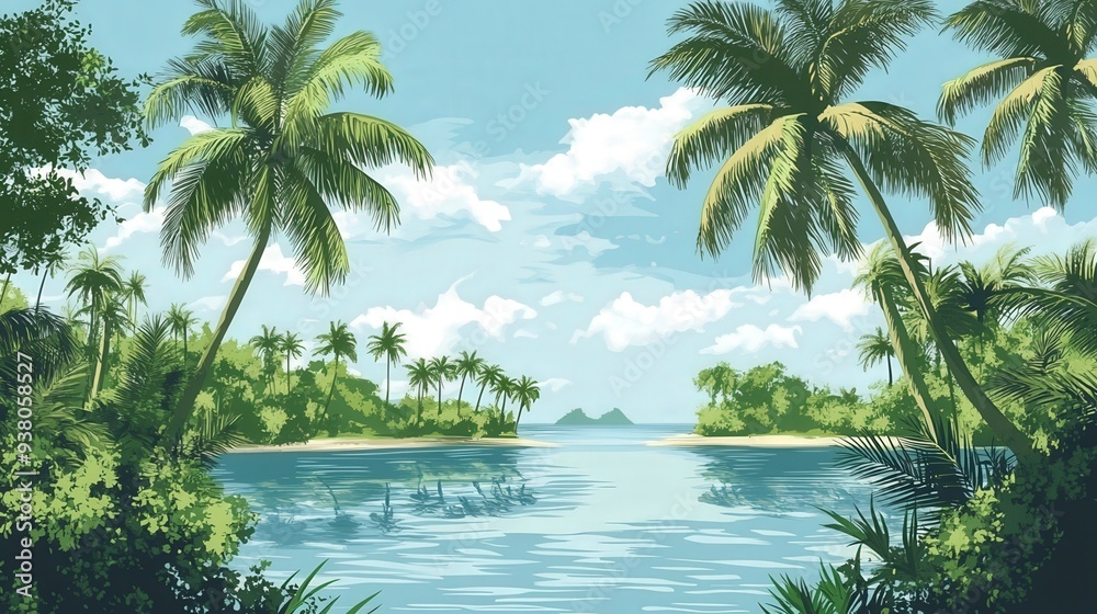 Obraz premium Tropical paradise with lush palm trees framing a calm lagoon and distant islands.