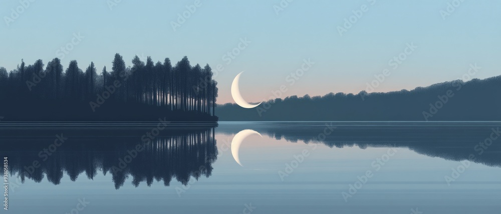 Naklejka premium Crescent Moon Lunar Reflection Islam Religion Spiritual Symbol