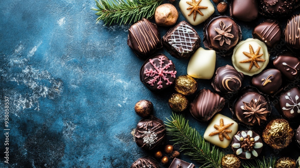 An assortment of chocolates is beautifully displayed, featuring dark, milky, and white varieties, enhanced with stylish decorations and seasonal elements An assortment of chocolates is beautifully displayed, featuring dark, milky, and white varieties, enhanced with stylish decorations and seasonal elements