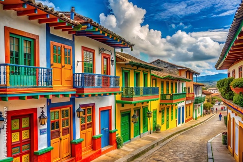 Vibrant rainbow-hued houses with ornate balconies and terracotta rooftops line the cobblestone streets of Salento, Quindio, Colombia, showcasing the town's rich cultural heritage.