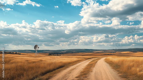 Sielski krajobraz wiejski z pojedynczą anteną satelitarną na tle błękitnego nieba z przelotnymi chmurami. photo