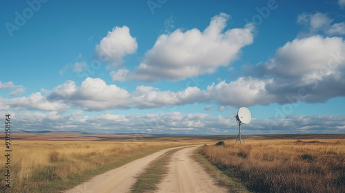 Sielski krajobraz wiejski z pojedynczą anteną satelitarną na tle błękitnego nieba z przelotnymi chmurami. photo