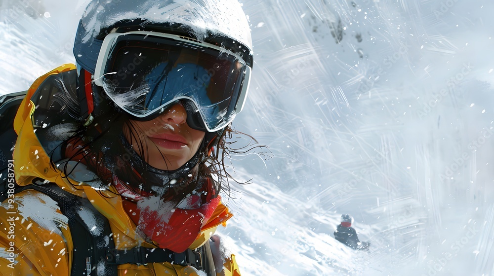 Woman in Skiing Attire: A woman in full skiing attire, including helmet and goggles, on a snowy slope. Woman in Skiing Attire: A woman in full skiing attire, including helmet and goggles, on a snowy slope.