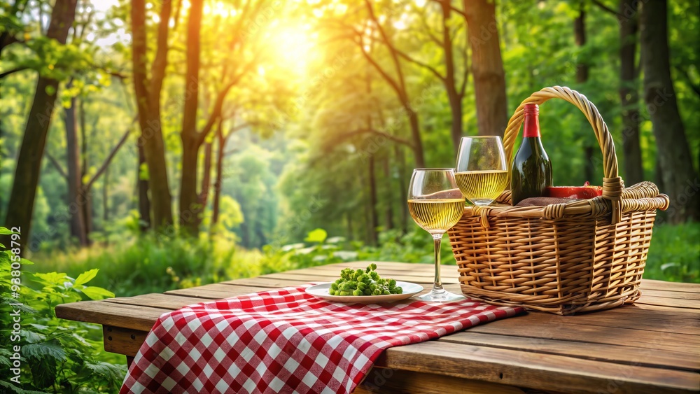 Vibrant red and white checkered tablecloth adorns a rustic wooden picnic table, set with wicker basket, wine glasses, and a lush green forest backdrop. Vibrant red and white checkered tablecloth adorns a rustic wooden picnic table, set with wicker basket, wine glasses, and a lush green forest backdrop.