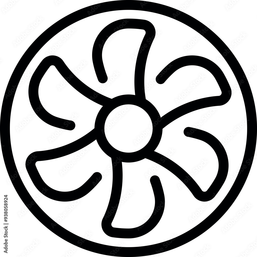 Simple line art icon of a computer cooler fan spinning and rotating its blades Simple line art icon of a computer cooler fan spinning and rotating its blades