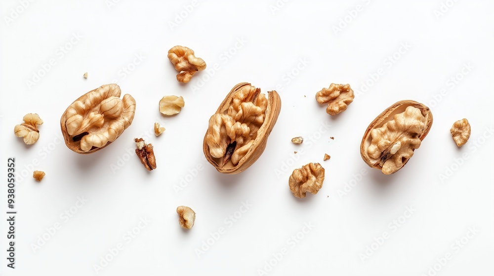 Three walnut halves, one with shell, and several pieces of walnuts on white background. Three walnut halves, one with shell, and several pieces of walnuts on white background.