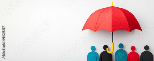Diverse group of people under a single large umbrella, symbolizing community life insurance, life insurance umbrella, protection, coverage