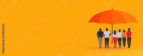 Diverse group of people under a single large umbrella, symbolizing community life insurance, life insurance umbrella, protection, coverage