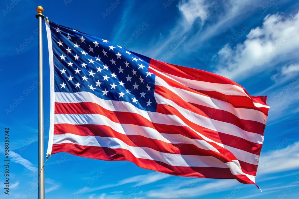 Obraz premium Vibrant red, white, and blue American flag waving in the wind, symbolizing patriotism and freedom on Independence Day, against a clear blue summer sky.