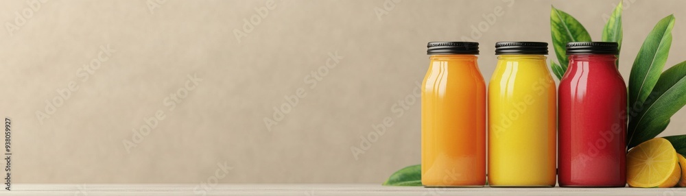 Organic juice bottles, made from fresh fruits, 3D illustration Organic juice bottles, made from fresh fruits, 3D illustration