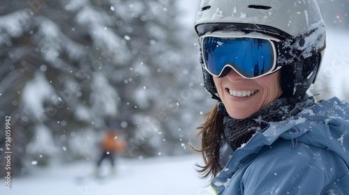 Woman in Skiing Attire: A woman in full skiing attire, including helmet and goggles, on a snowy slope.