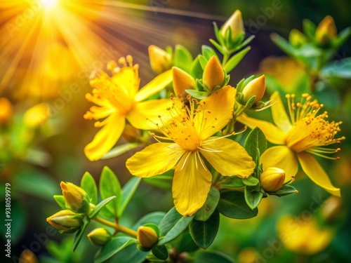 Vibrant Saint John's Wort flowers with delicate yellow petals and prominent stamens bloom amidst lush green leaves, basking in warm sunlight in a serene outdoor setting.